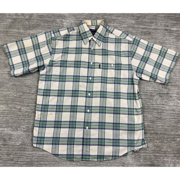 Izod Shirt‎ Mens Medium Yellow Green Blue Plaid Short Sleeve Collared Cotton - Picture 1 of 11